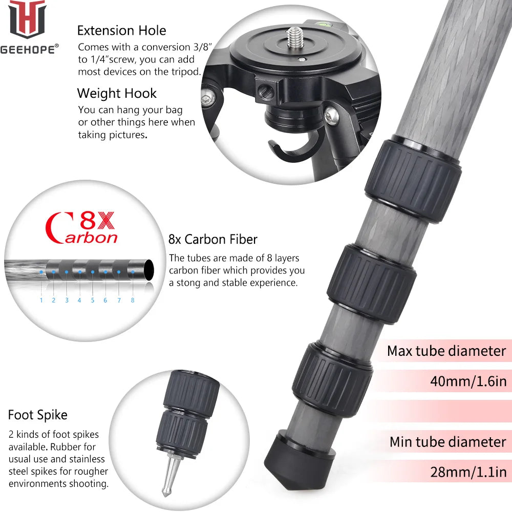 GEEHOPE B560C Professional Heavy Camera Tripod 40mm Tube 30kg Maxload Bowl Tripod Super Stable Top Bird Watching Camera Bracket