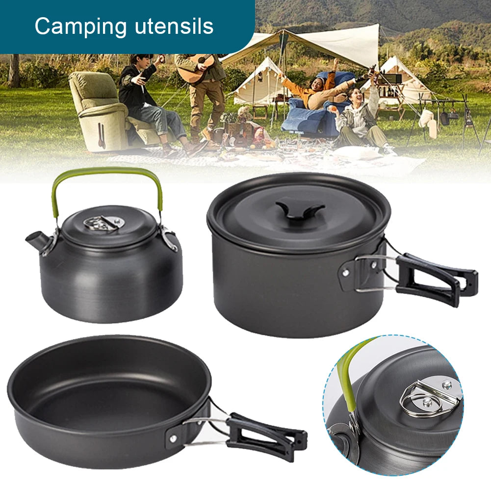 3PCS Camping Cookware Set Pot Pan Kettle Set Portable Cooker Set 2-3 Person with Mesh Bag for Camping Backpacking Outdoor Picnic