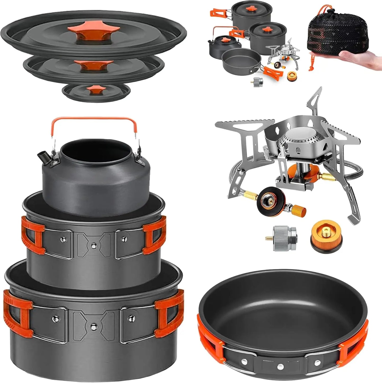 Camping Cookware Mess Kit Set with Stove - Backpacking Camping Pots and Pans Set All in One Non-Stick Camping Cooking Set Portab