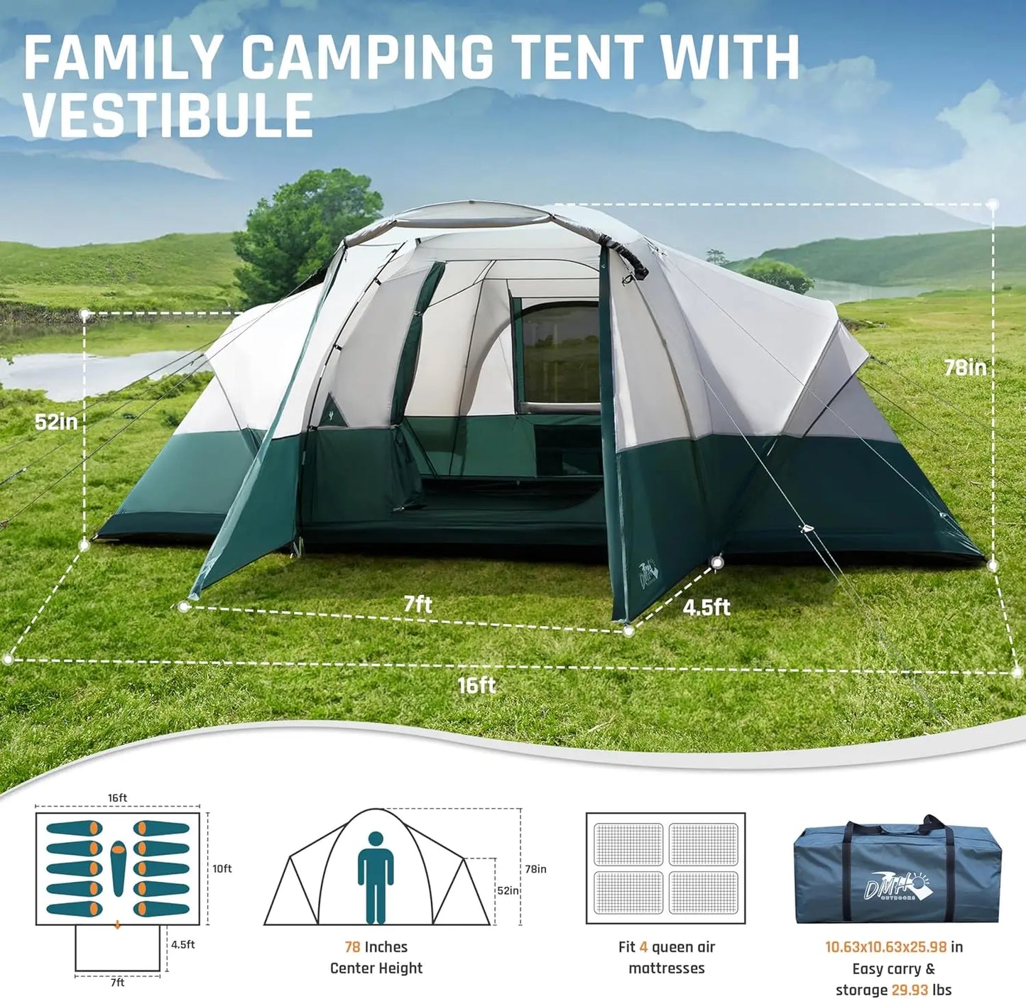 8-11 Person Family Camping Tent with Porch, Waterproof Large Dome Tent for Outdoor Adventures