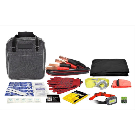 Deluxe Roadside Assistance Kit with Booster Cables - 65-Piece Emergency Set for Car Breakdowns, Travel & Safety.