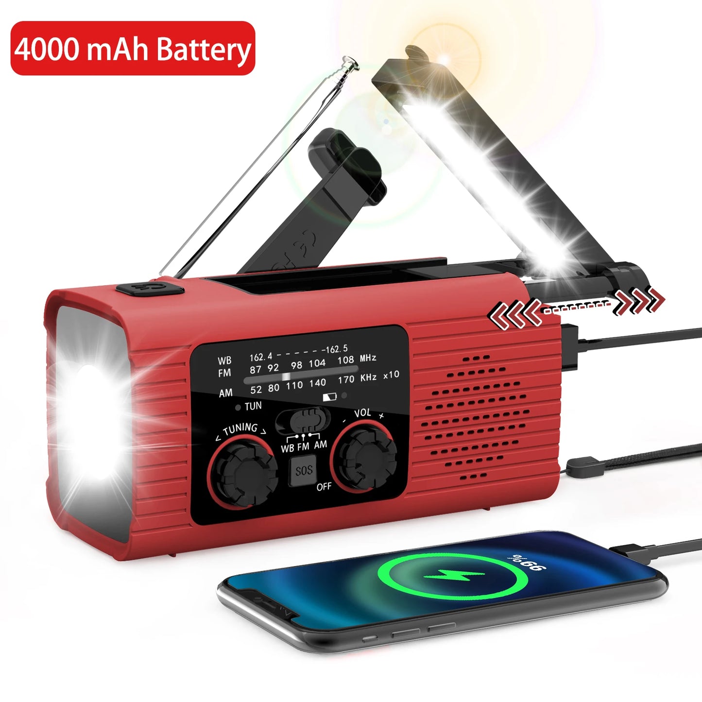 4000 mAh Portable Radio Outdoor Emergency Flashlight SOS Alarm Radio FM/AM Available Rechargeable Radio USB Solar Charging Radio