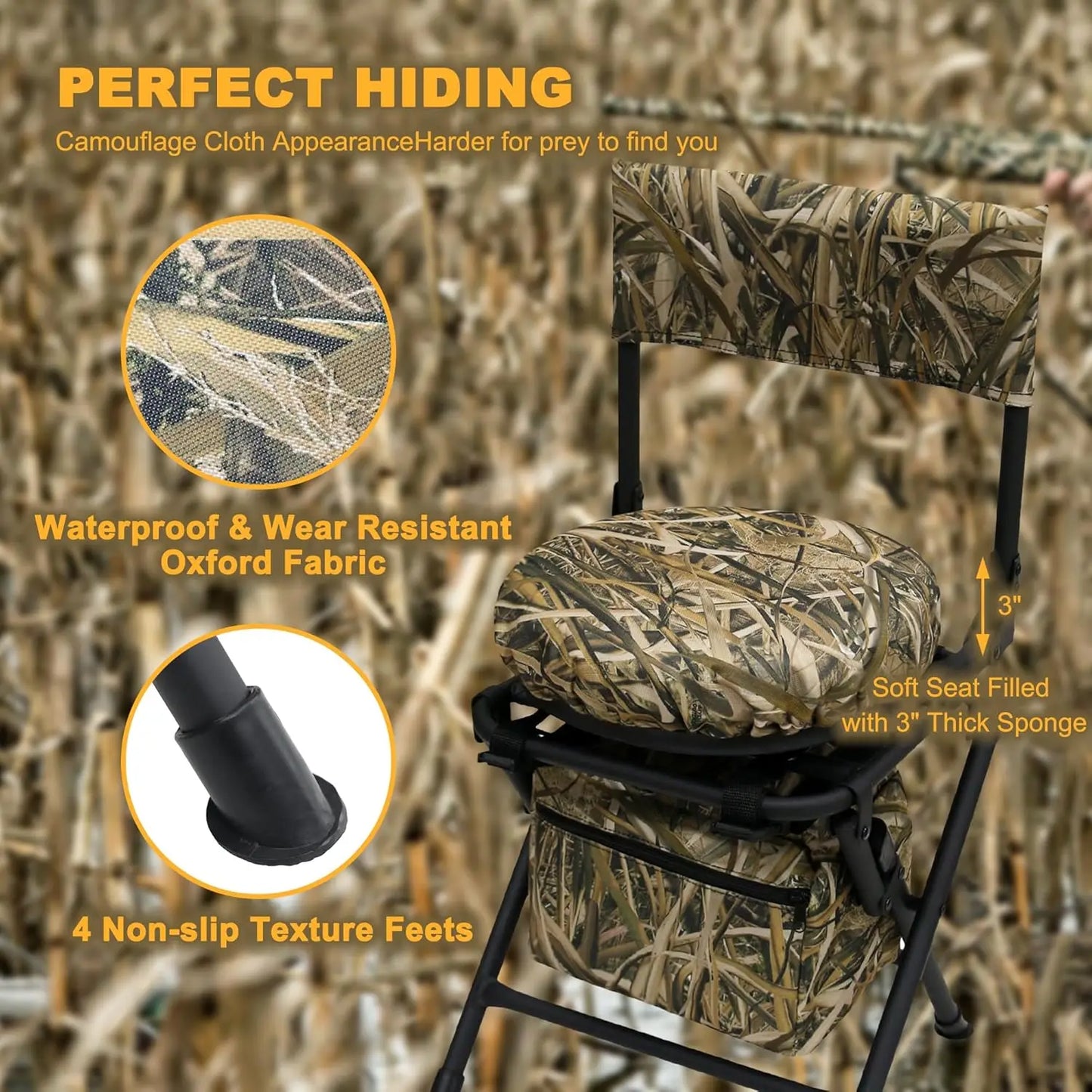 360° Swivel Hunting Chair, Folding Fishing & Camping Seat, Lightweight Portable with Padded Cushion, Reed Camo (No. 3)