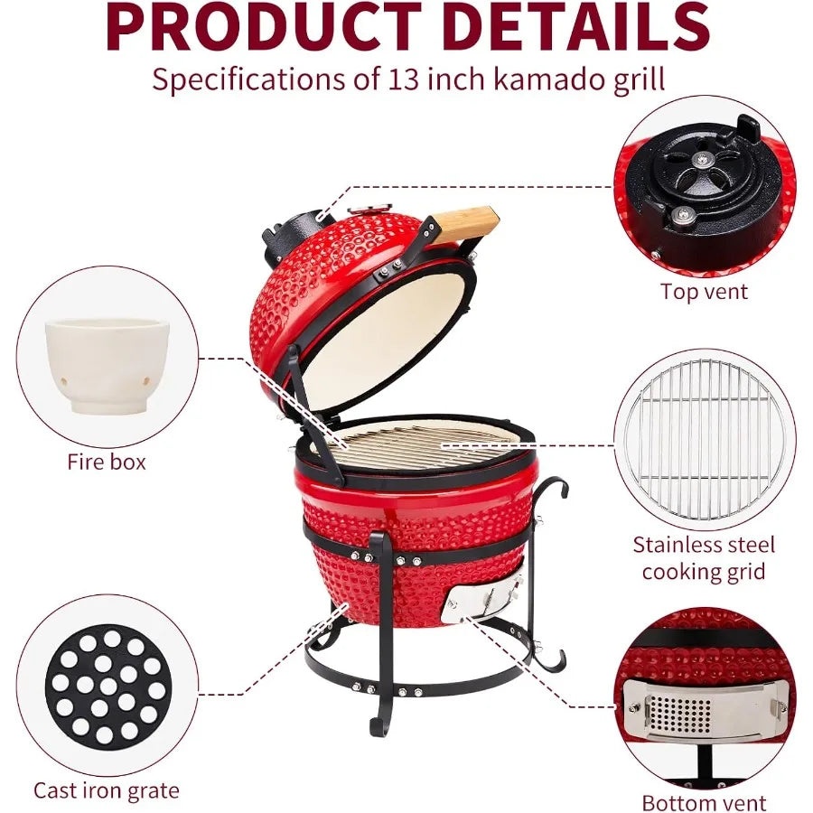 13 Round Kamado Charcoal Grill Portable Ceramic Barbecue Grill with Built-in Thermometer for Versatile Cooking Methods Includin