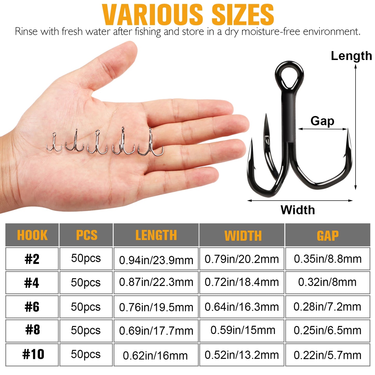 Dovesun Fishing Treble Hooks 3X Strong Professional V Triple Fishing Hooks for Saltwater Freshwater 50PCS Size #8#6#4#2