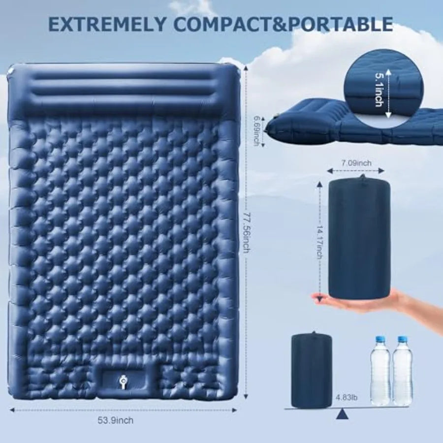 5.1 Thick Double Sleeping Pad with Foot Pump Pillow 77.5x53.9 2-Person Air Mattress for Camping Ultralight Compact for Backpack