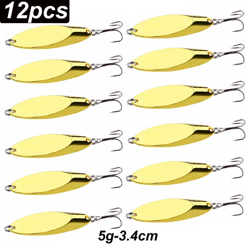 12pcs Metal Spinner Spoon Lures Trout Fishing Lure Hard Bait Sequins Paillette Artificial Baits Spinnerbait Fish Tools 1.5g-56g