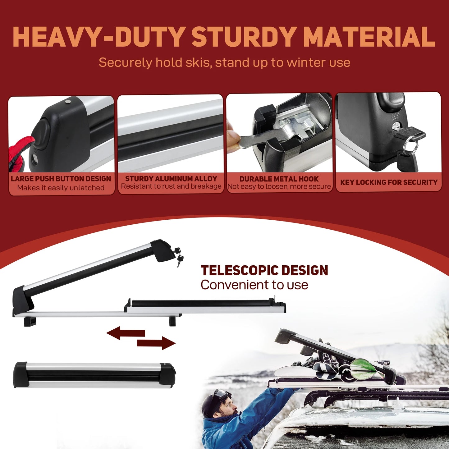 2PCS-Pack Ski And Snowboard Roof Rack Car Rack Carrier Ski Car Rack Snowboard Roof Carrier Aluminum Alloy Ski Roof Carrier