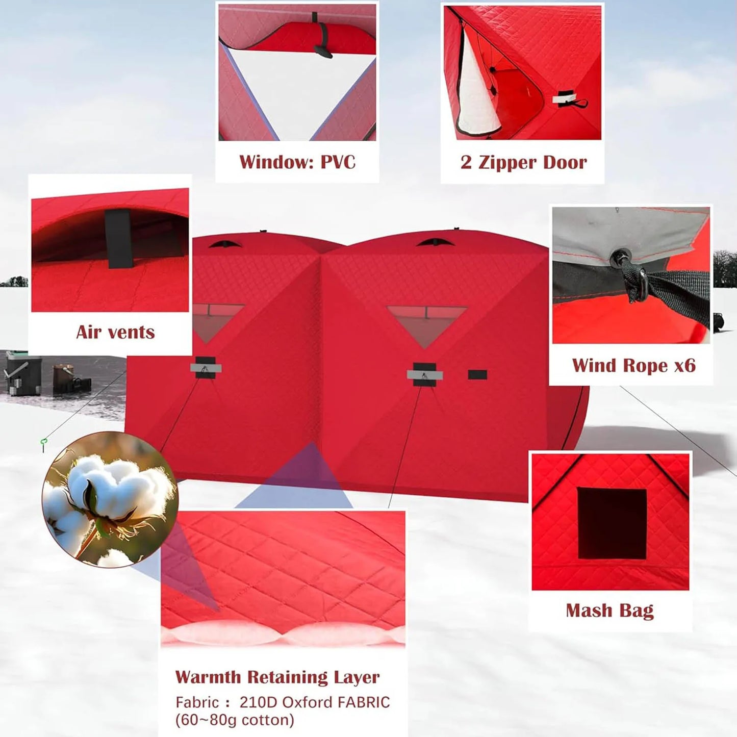 Portable Pop Up Ice Fishing Shelter Ice Fishing Tent Waterproof & Windproof Oxford Fabric Winter Fishing Equipment for 2-8