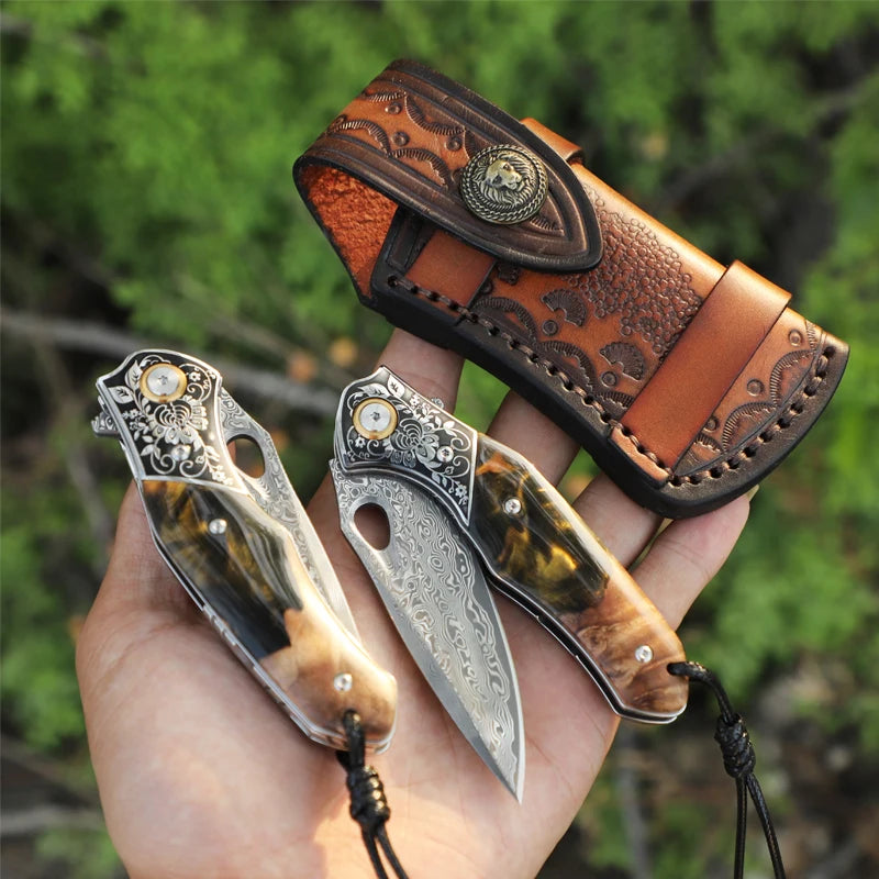 High Quality Damascus Steel Pocket Knife with Sheath, Resin Maple Handle, EDC Survival Adventure Tools Hunting Folding Knife