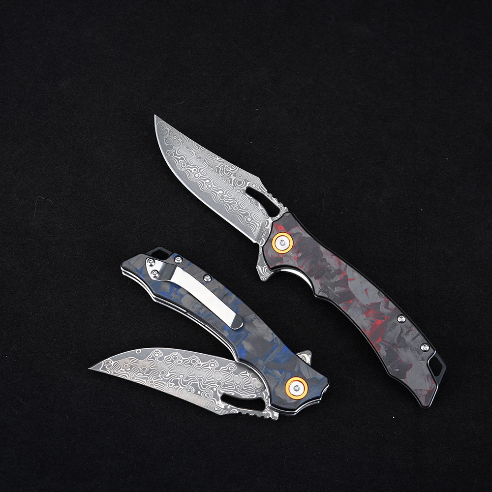 Carbon Fiber Folding Knife Damascus Steel Pocket Knife Outdoor Camping Survival Tactical Hunting Combat Knives EDC Hand Tool