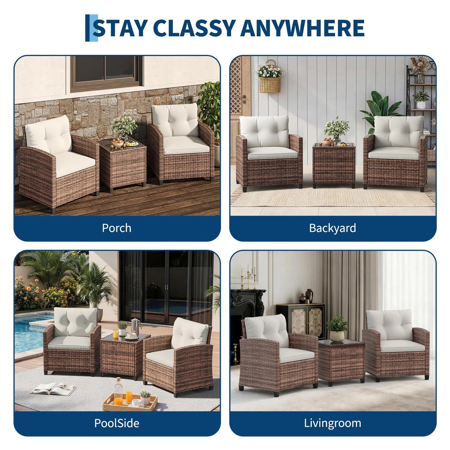 3-Piece Patio Furniture Set Outdoor Wicker Chairs Rattan Conversation Set With Glass Table & Cushions For Balcony Porch