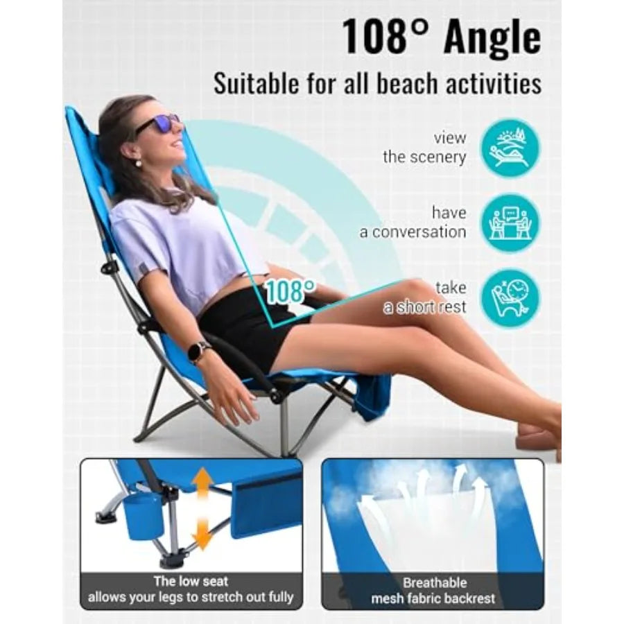 High Back Folding Beach Chair for Adults Oversized Breathable Mesh Seat in Black 300lbs Heavy Duty Portable Chair with Cup Hold