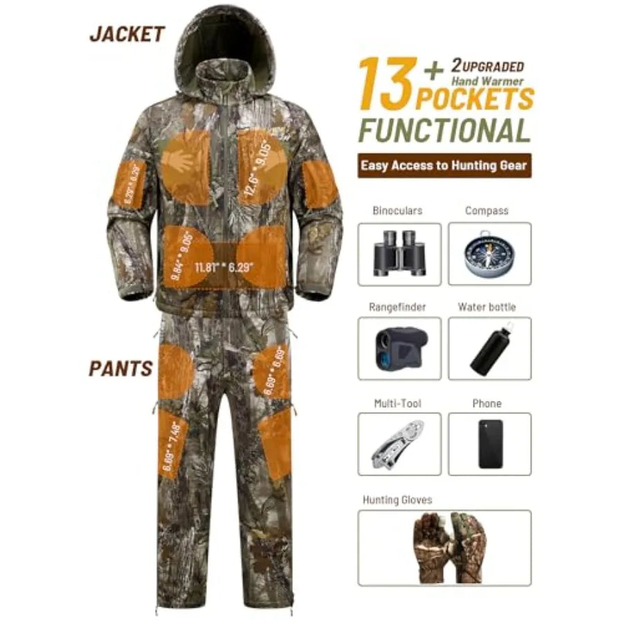 Camo Hunting Clothes for Men Quiet Warm Fleece Lining Cold Weather Deer Hunting Jacket and Pants with Face Mask Ideal for Outdo