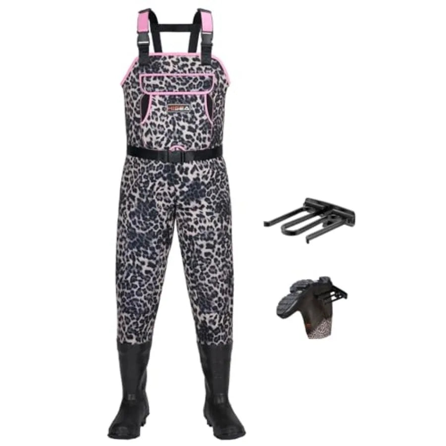 Women's 4mm Neoprene Leopard Hunting Waders with Insulated Boots Waterproof Fishing Waders in Brown and Black Thermal Insulated