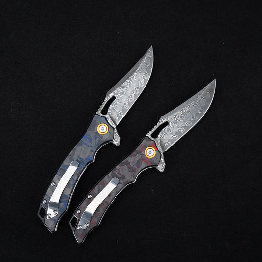 Carbon Fiber Folding Knife Damascus Steel Pocket Knife Outdoor Camping Survival Tactical Hunting Combat Knives EDC Hand Tool