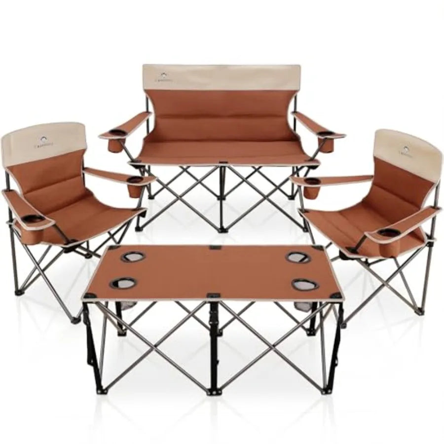 Set of 3 Outdoor Folding Camping Chairs for Heavy People with Cup Holder and Carry Bag Includes One Sofa Chair and Two Single C