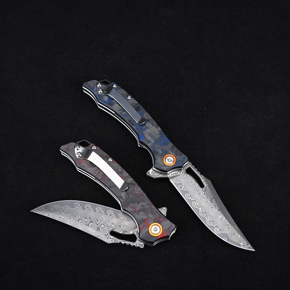 Carbon Fiber Folding Knife Damascus Steel Pocket Knife Outdoor Camping Survival Tactical Hunting Combat Knives EDC Hand Tool
