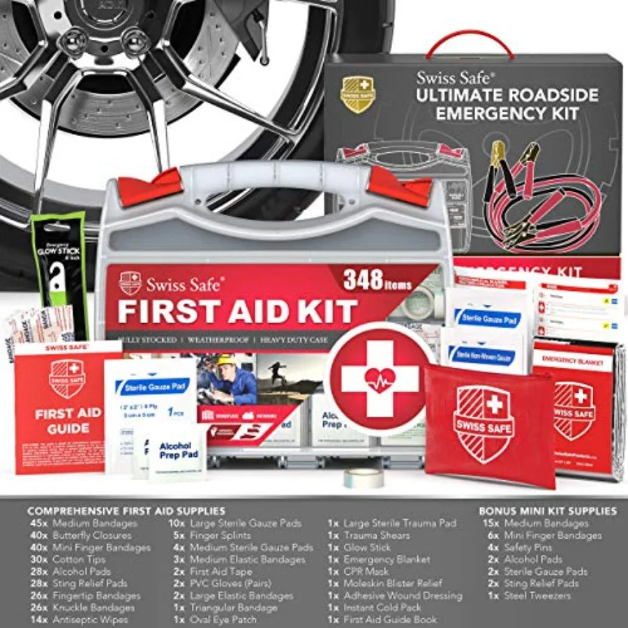 2-in-1 Car Emergency Kit with 12-FT Heavy-Duty Jumper Cables and 378-Piece First Aid Supplies Compact Roadside Safety Essential