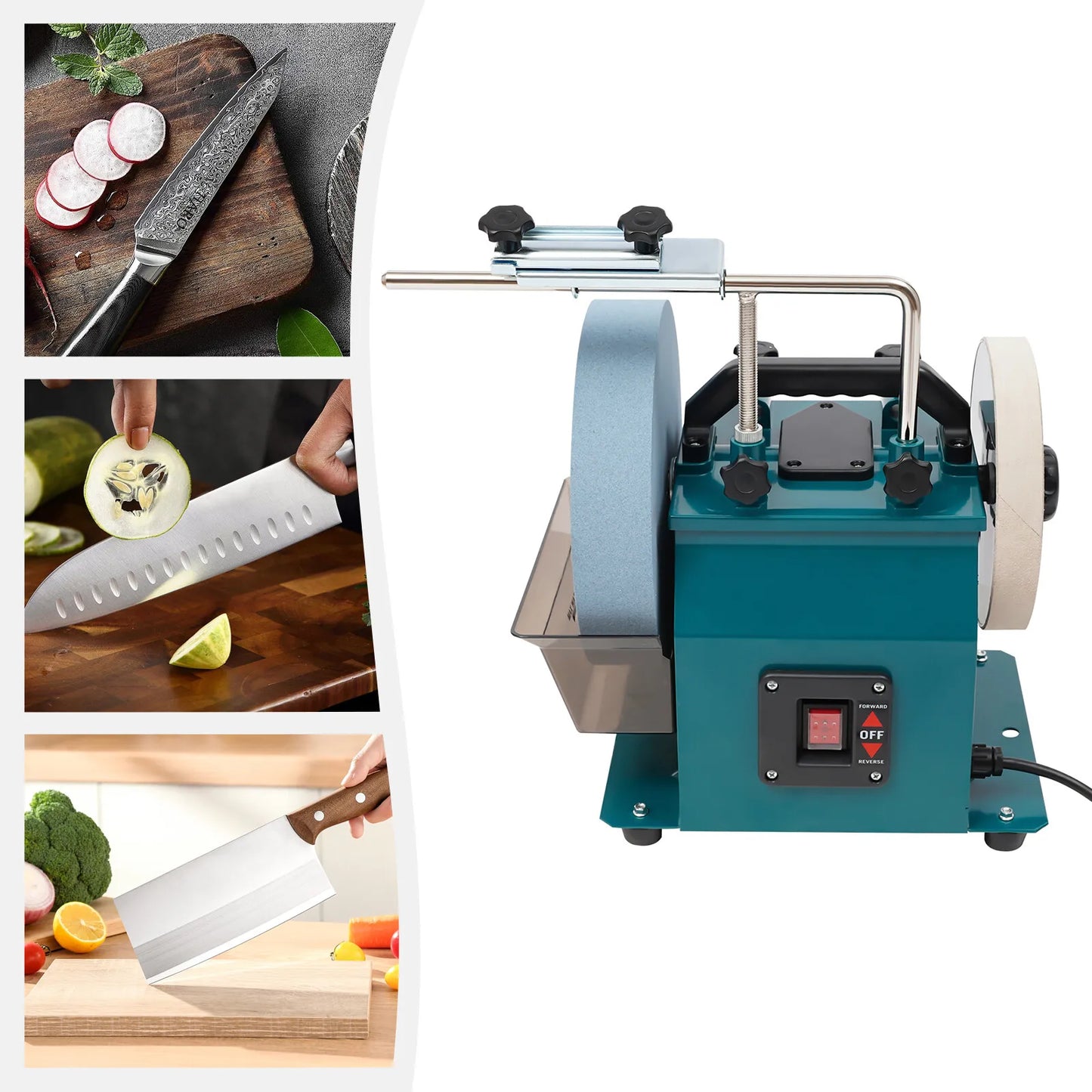 Electric Knife Sharpener for Kitchen and Woodworking Wet Stone Grinder with 10 Inch 220 Grit Wheel and Leather Strop