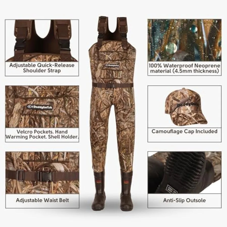 Neoprene Chest Waders for and Adults BootFoot Fishing Hunting with Camouflage Caps and Wader Hanger