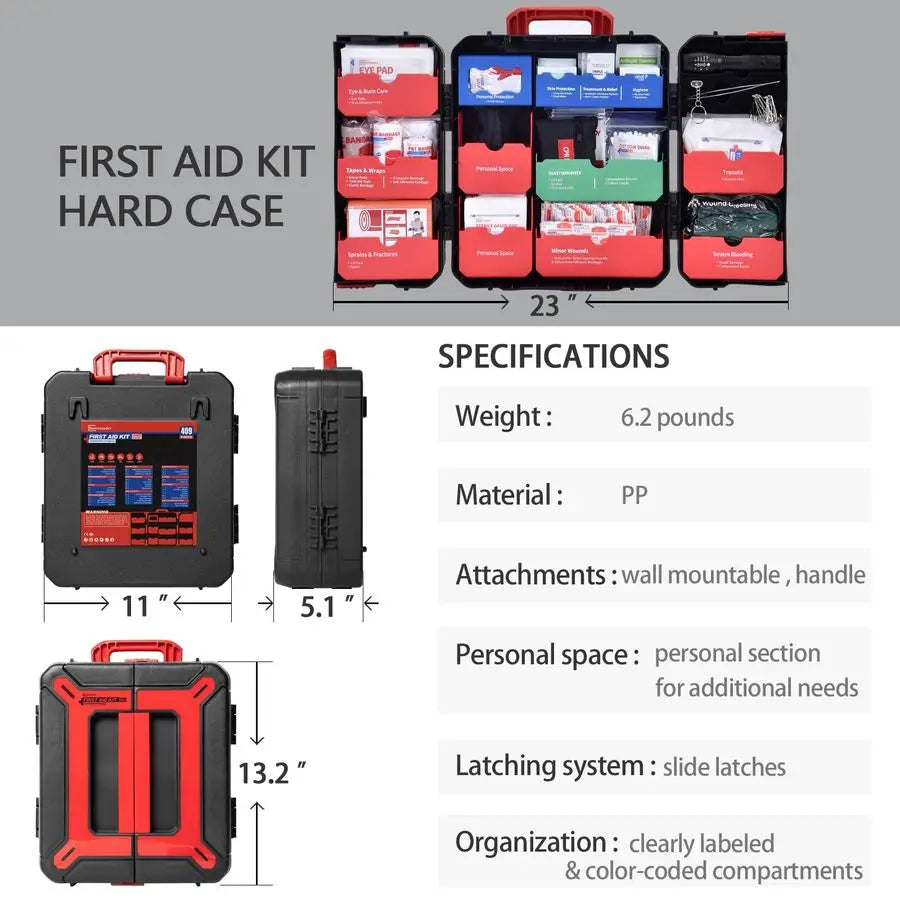Case First Aid Kit 408 Pcs Wall Mountable Trauma Kit for Car, Home, Office amp Truck Comprehensive Large First Aid Supplies with
