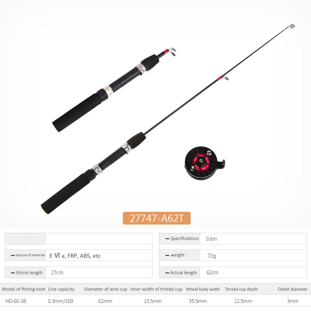 Ice Winter Fishing Rod With Reel Outdoor Folded Mini Feeder Telescopic Spinning Ice Fishing Rod Pole Fishing Reel Wheel Set
