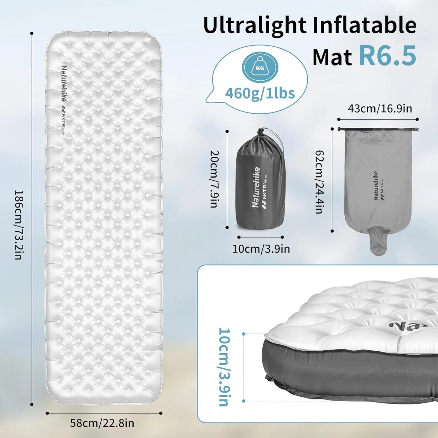 Naturehike R6.5 Air Mattress 10cm Thickened Ultralight Sleeping Pad for Camping Hiking Warm Portable Outdoor Inflatable Mattress