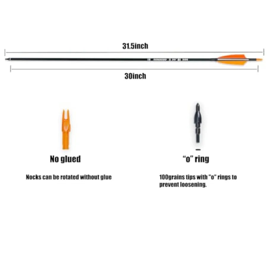 30 Carbon Arrows for Archery Target Practice Hunting with 4 Turkey Feather Fletched Spine 500 Arrows for Traditional Bow Recurv