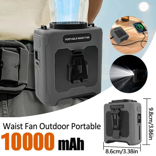 10000mAh Portable Neck Fan Cooling Rechargeable Hands-free Waist Clip Fan with Flashlight for Outdoor Travel Camping Power Bank