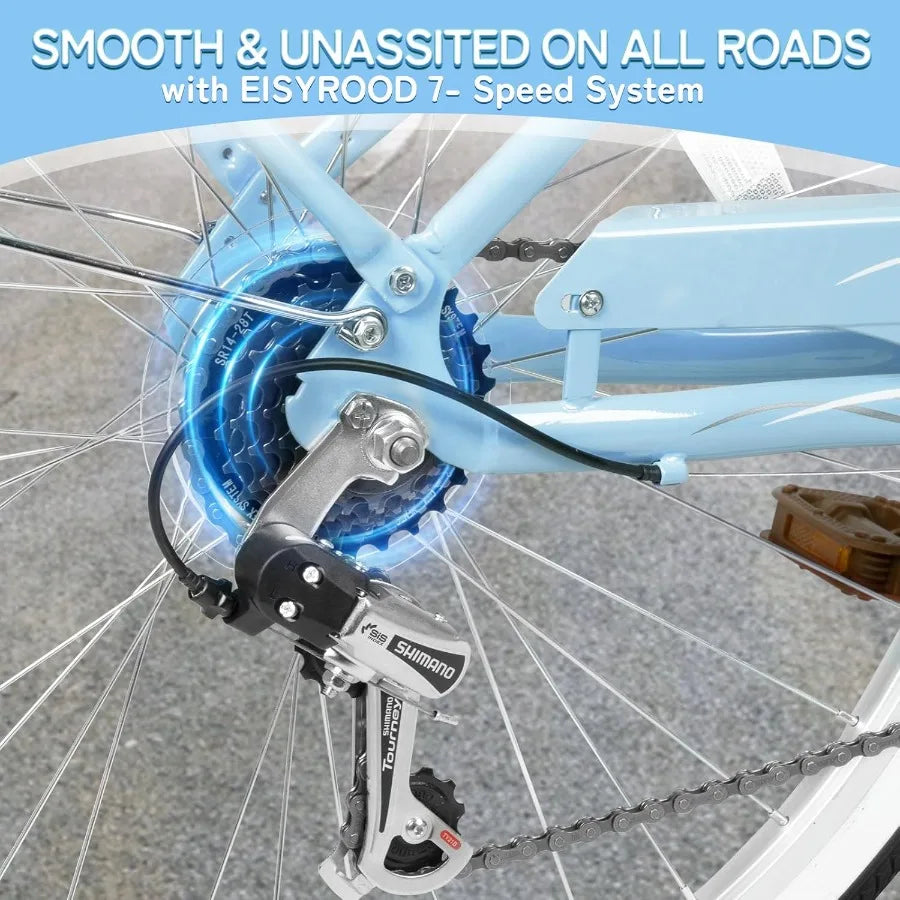 26 Inch Beach Cruiser Bike for Ladies 7-Speed Women Bike for Adults with Basket Rack Ideal City Bicycle for Commuting and Leisu