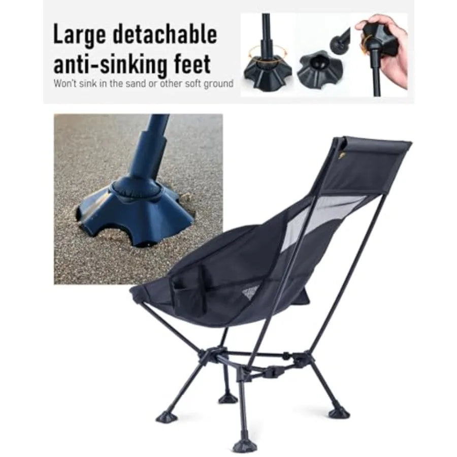 Ultralight Compact Camping Folding Beach Chair with Anti-Sinking Large Feet Black Triangular Frame High Back