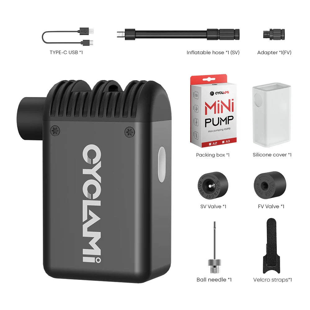 CYCLAMI A2 Mini Electric Air Pump Portable Bicycle Cordless FV AV Inflator Presta Schrader Valve Outdoor Road MTB Bike Aluminum
