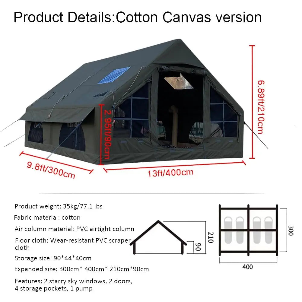 129 SqFT Inflatable Tent ,8-10 Person Blow Up Tent with Stove Jack Hole,4 Season Waterproof Camping Tent Large Pop-Up Tents