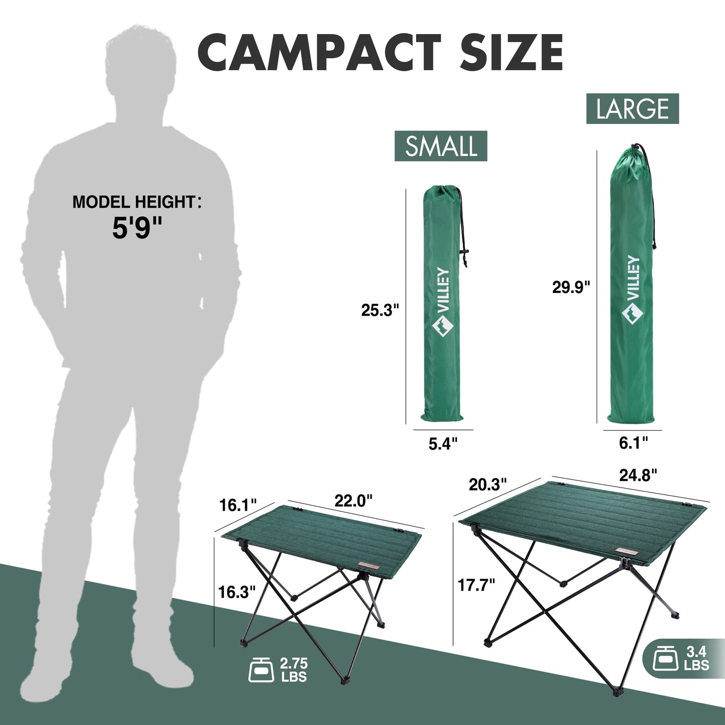 VILLEY Folding Camping Table with Carry Bag, Portable Lightweight Beach Table with Oxford Fabric and Reinforced Aluminum Panel