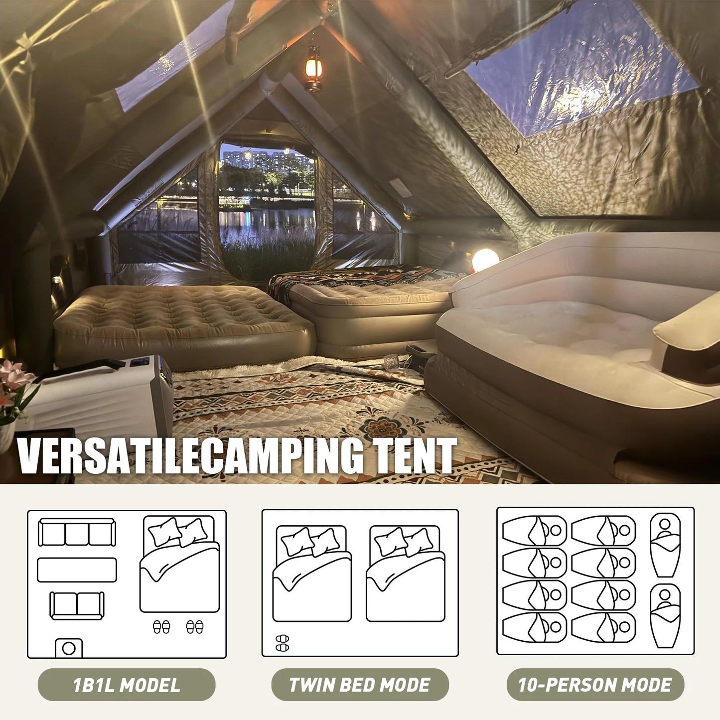 Army Green Waterproof Windproof Inflatable Tent for Camping,4 Season Air Glamping Tent House with Chimney Opening,AC Vent