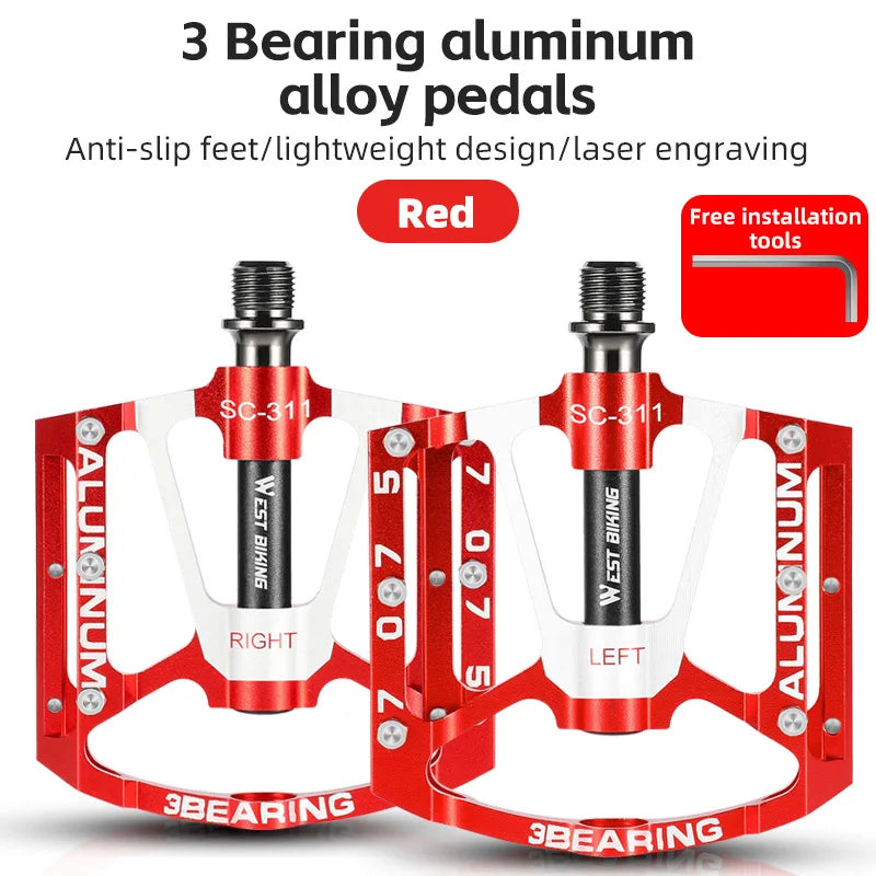 WEST BIKING Bicycle Pedal Three Bearing Aluminum Alloy Pedal Mountain Bike Road Bike Pedal Color Bike Accessories
