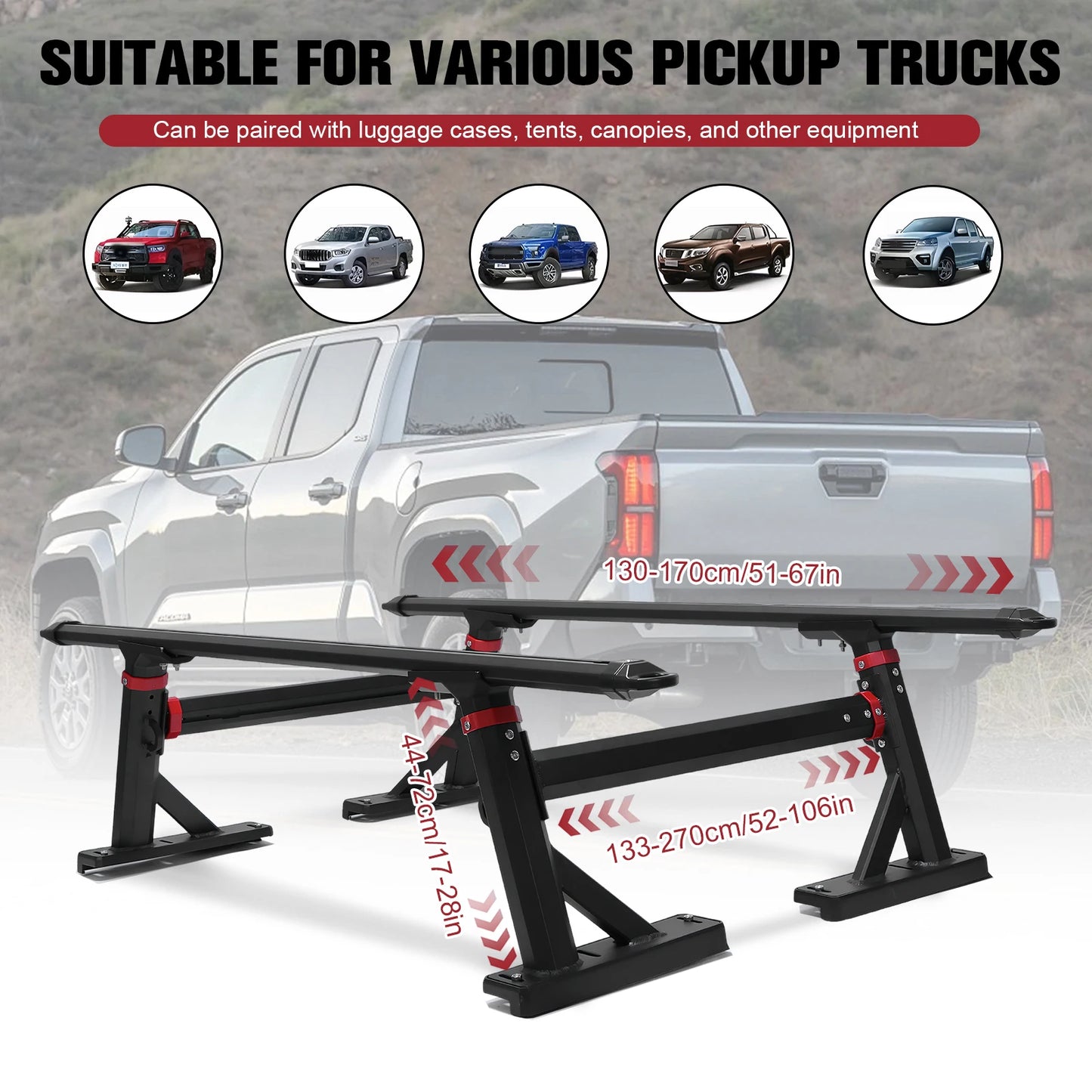 Universal Truck Ladder Rack Crossbar 800 LBS Capacity Aluminum 18-28''High Adjustable for Ford F-Series/Ram/Tacoma/Tundra/Canyon