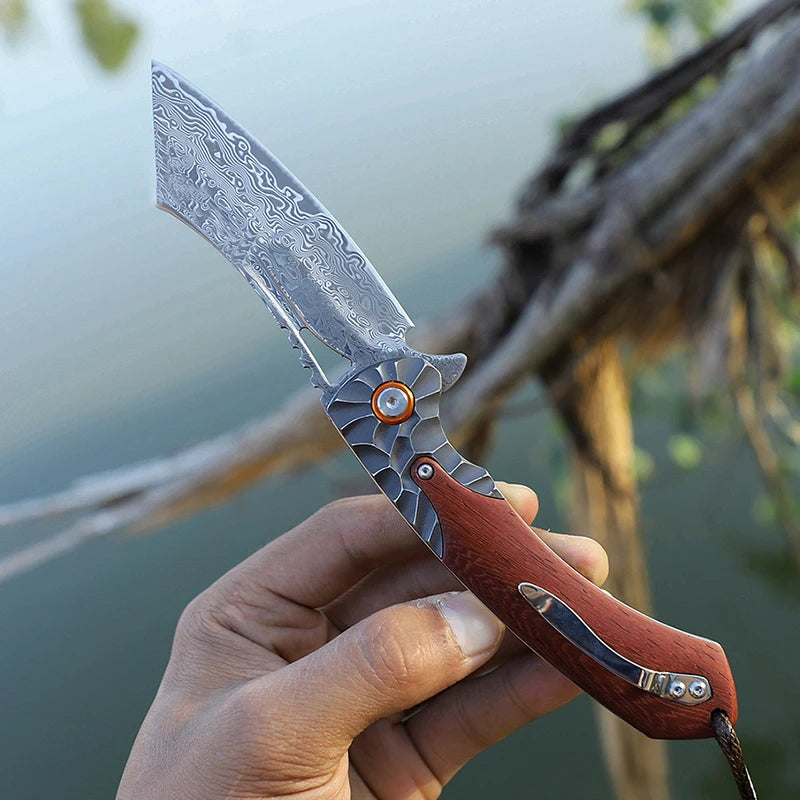 Handmade Damascus Steel Folding Pocket Knife, EDC Outdoor Adventure Pocket Knife, Hunting Hiking Mountaineering Camping Knife