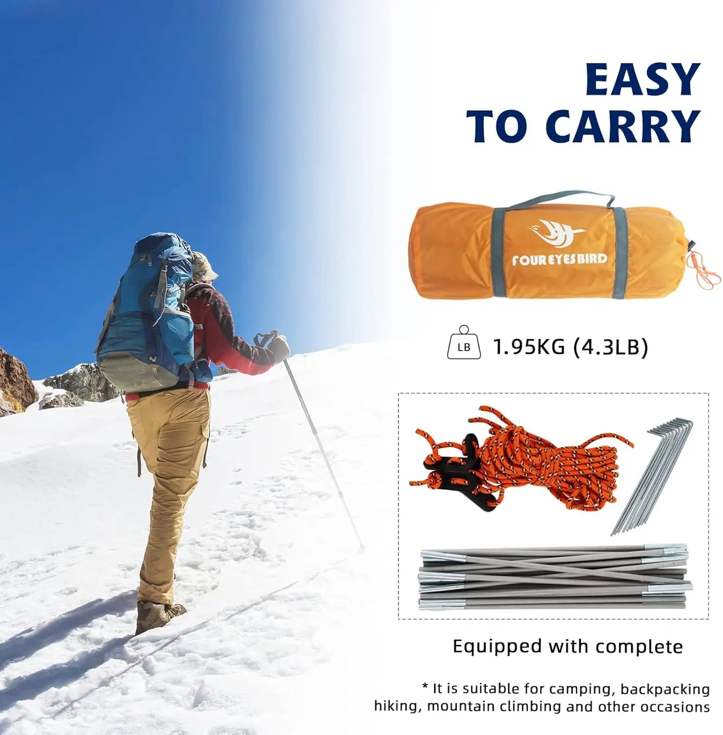 7.2x4x4ft Single Backpack Tent, Waterproof for Camping & Hiking, Lightweight Durable