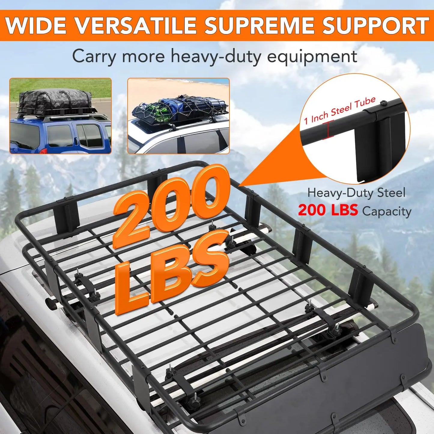 64" Roof Rack Basket, 200LB Capacity Adjustable Steel Cargo Carrier with Waterproof Bag Net Universal Rooftop Basket