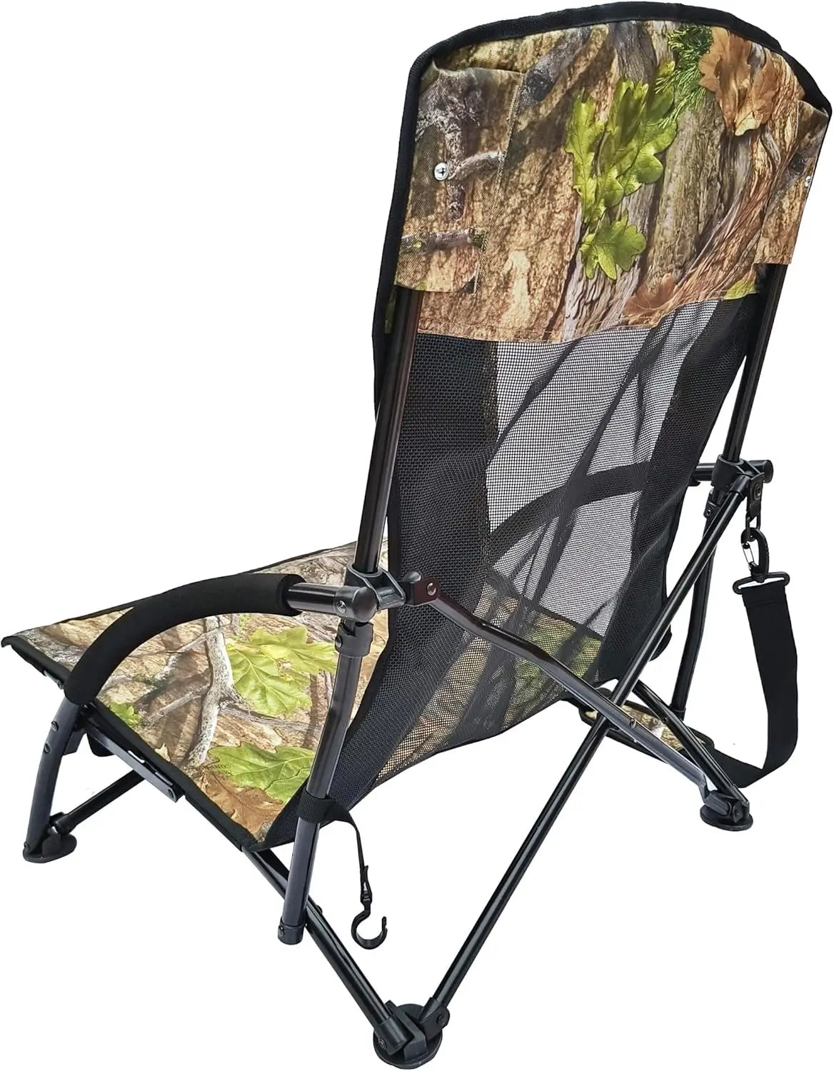 Low Profile Hunting Chair, Portable Folding Camo Chair with Cup Holder, Mesh Back, Shoulder Strap & Carry Bag