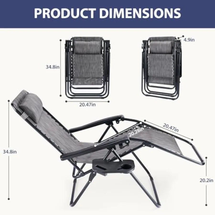 Set of 4 Portable Recliner Chairs Grey Outdoor Folding Lounge Chair with Cup Holder Trays Adjustable Pillow for Beach Poolside