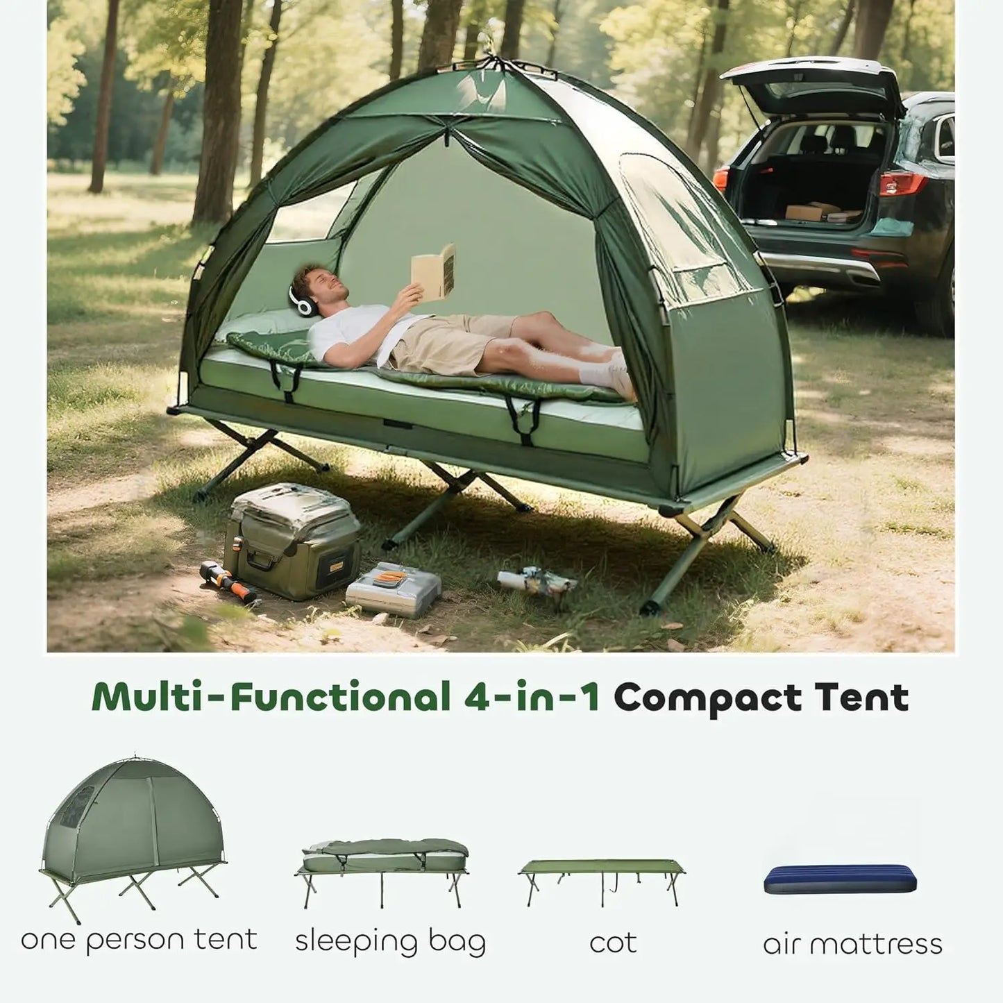 6-in-1 Folding Tent Cot Combo with Mattress, Pillow, Sleeping Bag for Outdoor Camping and Hiking