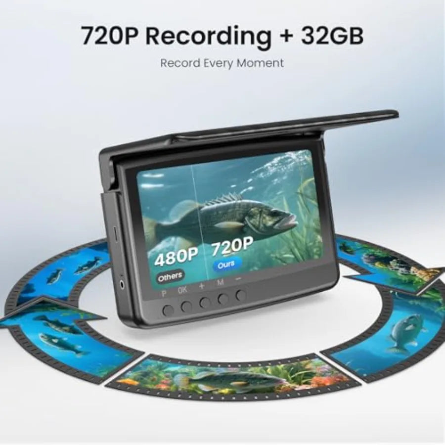 Underwater Fishing Camera 5-Inch 720P DVR Recording with 32GB Storage 8 IR Night Lights 10000mAh Battery 66FT Cable Portable Fi