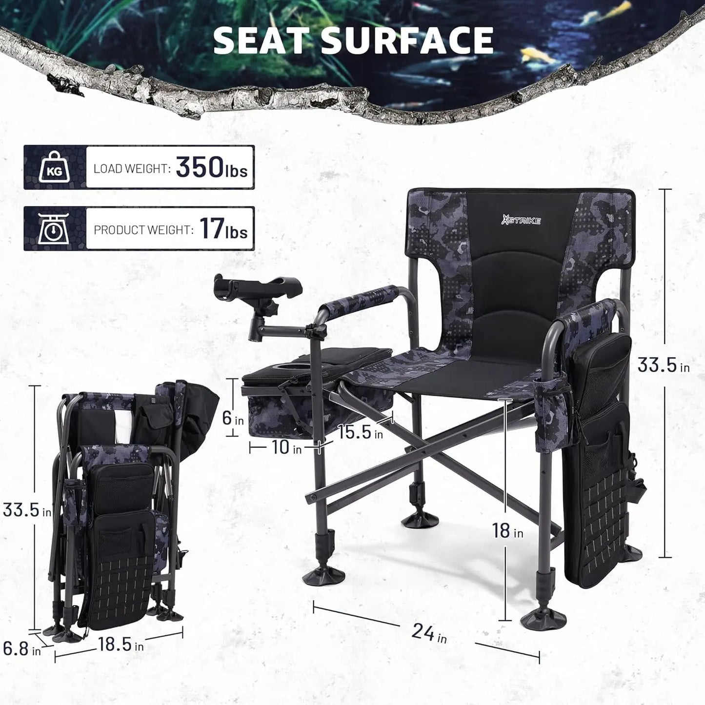 Heated Folding Fishing Chair with Rod Holder, Cooler Bag, Adjustable Feet for Outdoor Camping and Ice Fishing - 350LBS Capacity