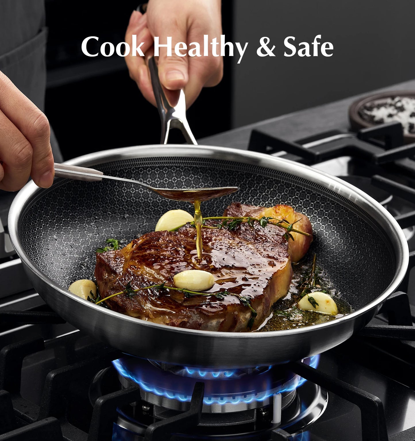 KOCH SYSTEME CS Hybrid Nonstick Stainless Steel Pan, 10 Inch Tri-Ply Stainless Steel Frying Pan with Honeycomb Interior