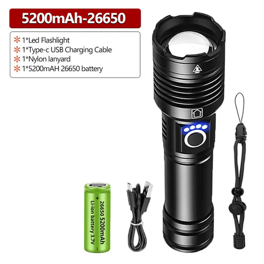 XHP200 High Power LED Flashlight 9000000LM Type-C Usb Rechargeable Outdoor Waterproof Tactical Flashlight 18650 XHP50 Zoom Torch