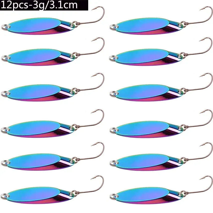 12pcs Metal Spinner Spoon Lures Trout Fishing Lure Hard Bait Sequins Paillette Artificial Baits Spinnerbait Fish Tools 1.5g-56g