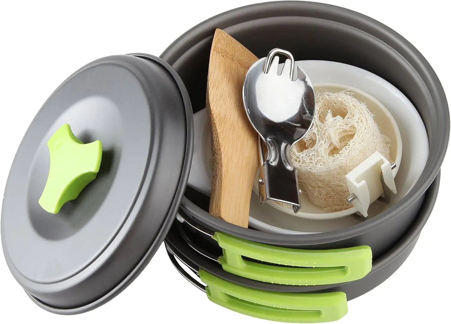 Backpacking Camping Cookware Kit - Pots/Pans Set, Stove-Compatible, Essential Camp Kitchen Gear.